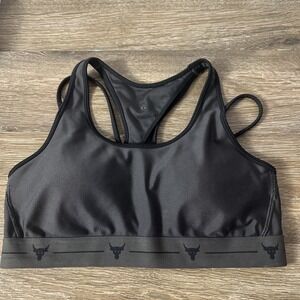 Under Armour Project Rock Sports Bra Black Logo Gym Training Womens L